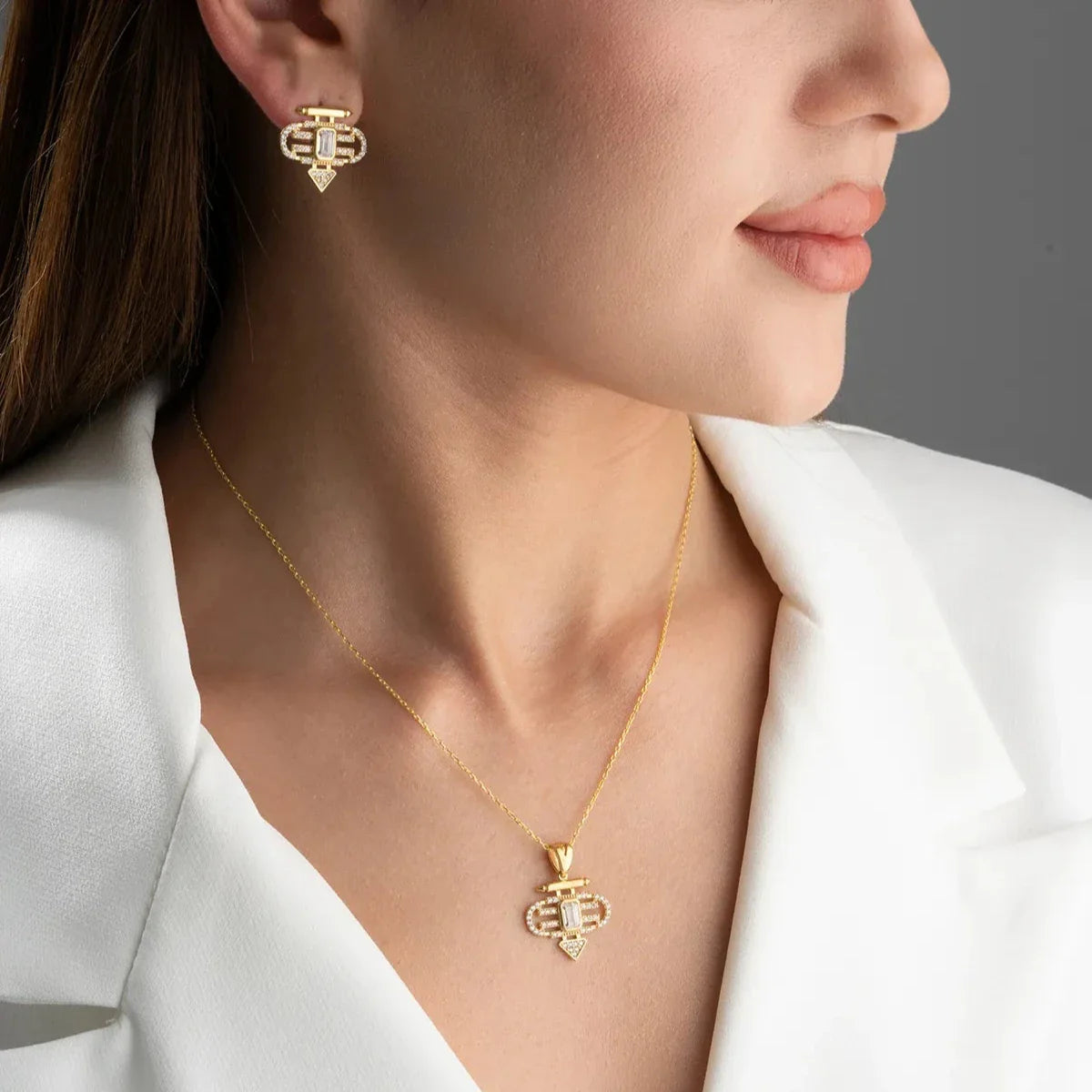 Zirkon Taşlı Şeyma Kolye-Küpe Set | 925 Ayar Gümüş
