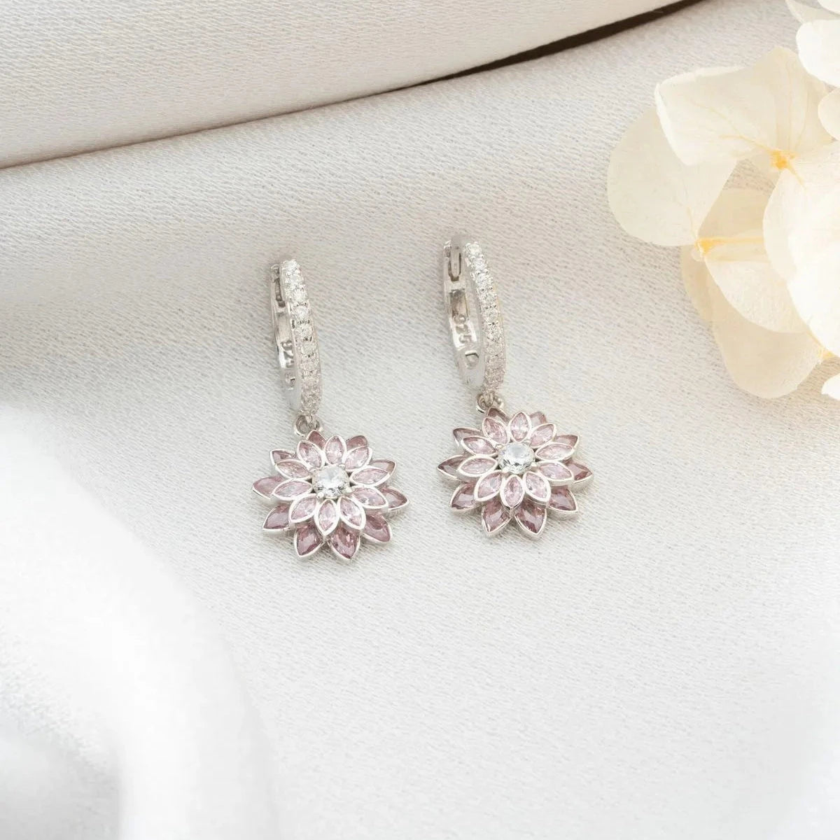 Pembe Taşlı Lotus Çiçeği Küpe | 925 Ayar Gümüş