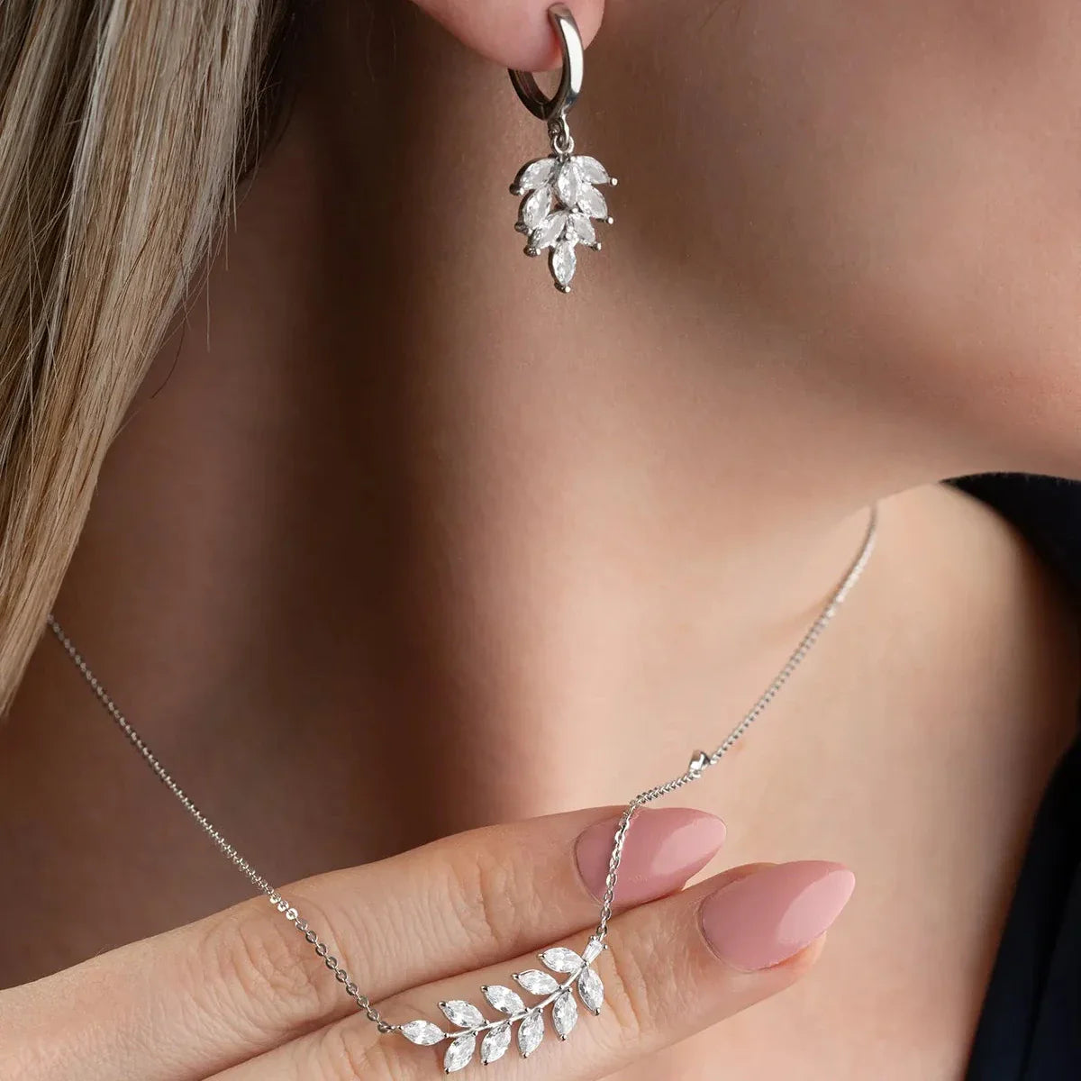Mekik Taşlı Yaprak Kolye-Küpe Set | 925 Ayar Gümüş