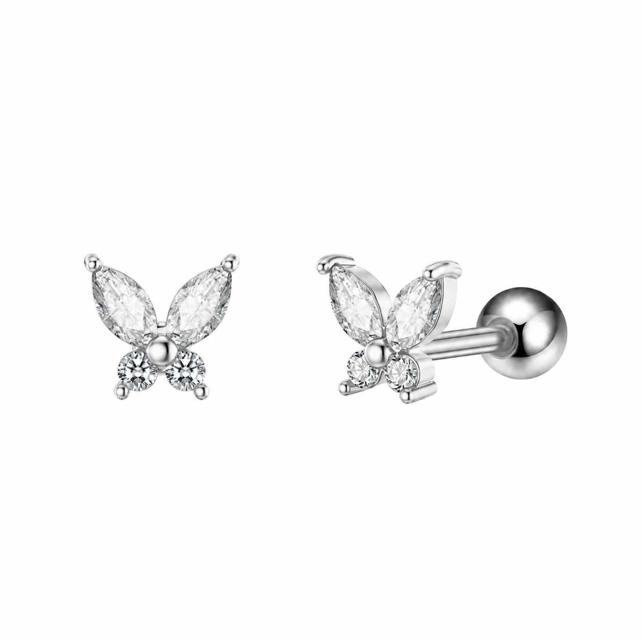 Zirkon Taşlı Kelebek Figürlü Piercing | 925 Ayar Gümüş