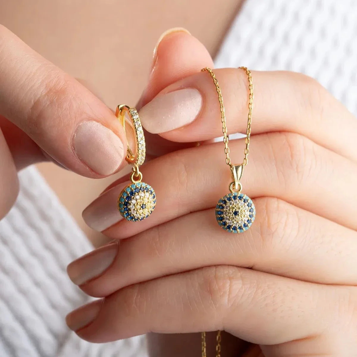Zirkon Taşlı Nazarlı Göz Kolye-Küpe Set | 925 Ayar Gümüş