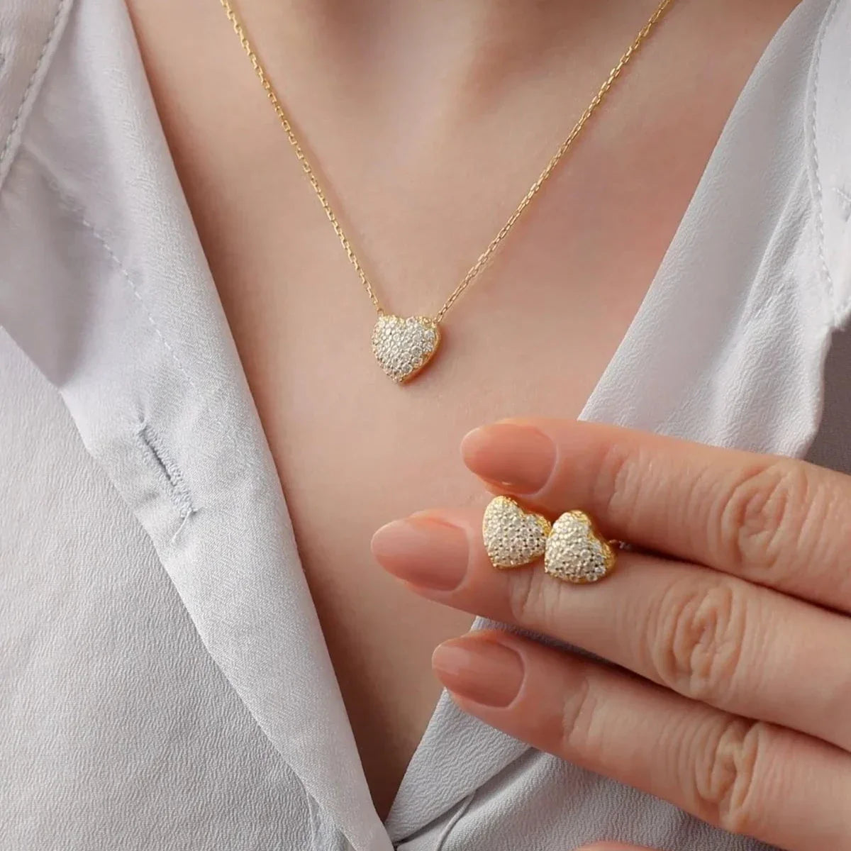 Minimal Taşlı Kalp Kolye-Küpe Set | 925 Ayar Gümüş