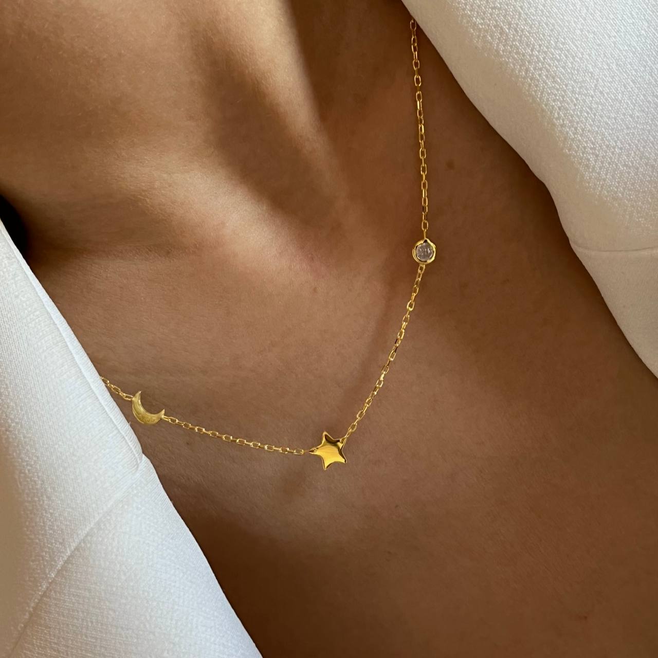 Tiffany Taşlı Hilal Yıldız Kolye | 925 Ayar Gümüş