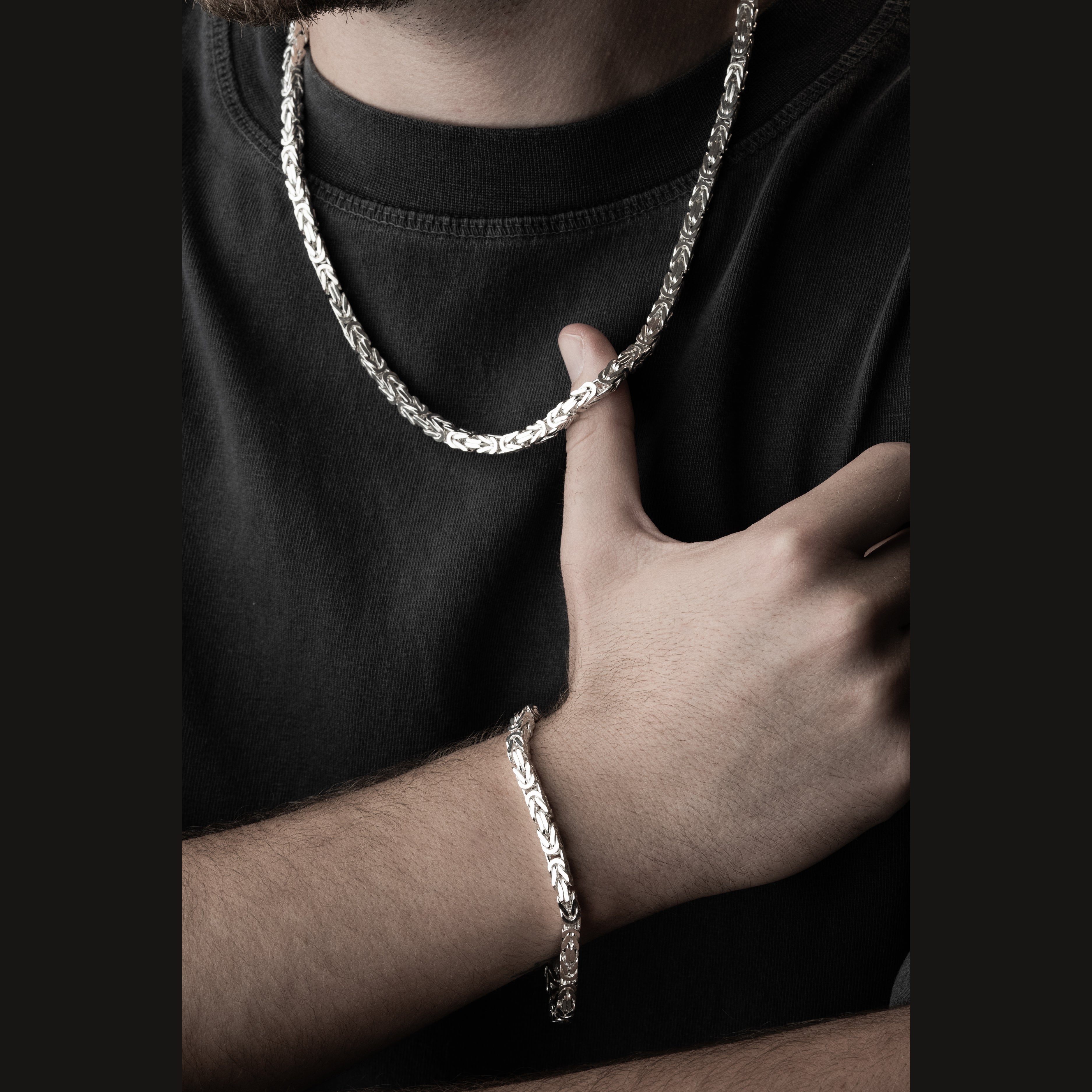 5 mm Kare Kral Zincir Erkek Kolye-Bileklik Set | 925 Ayar Gümüş