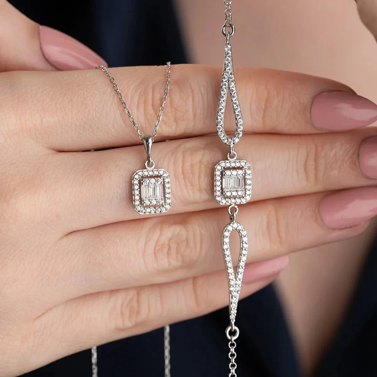 Tektaş Montür Baget Taşlı Kolye-Bileklik Set | 925 Ayar Gümüş