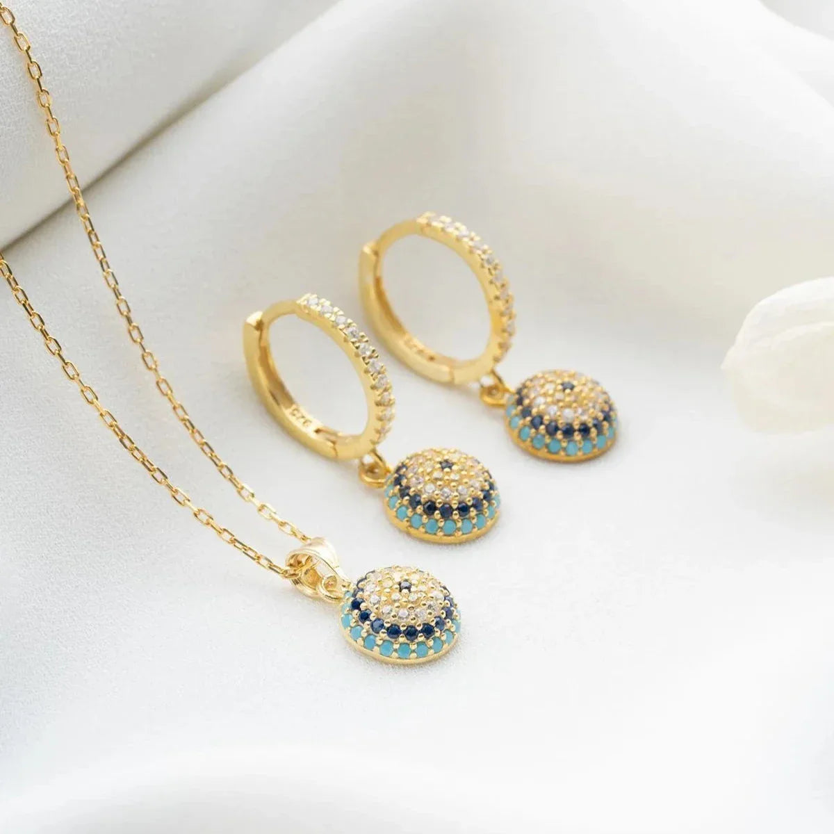 Zirkon Taşlı Nazarlı Göz Kolye-Küpe Set | 925 Ayar Gümüş