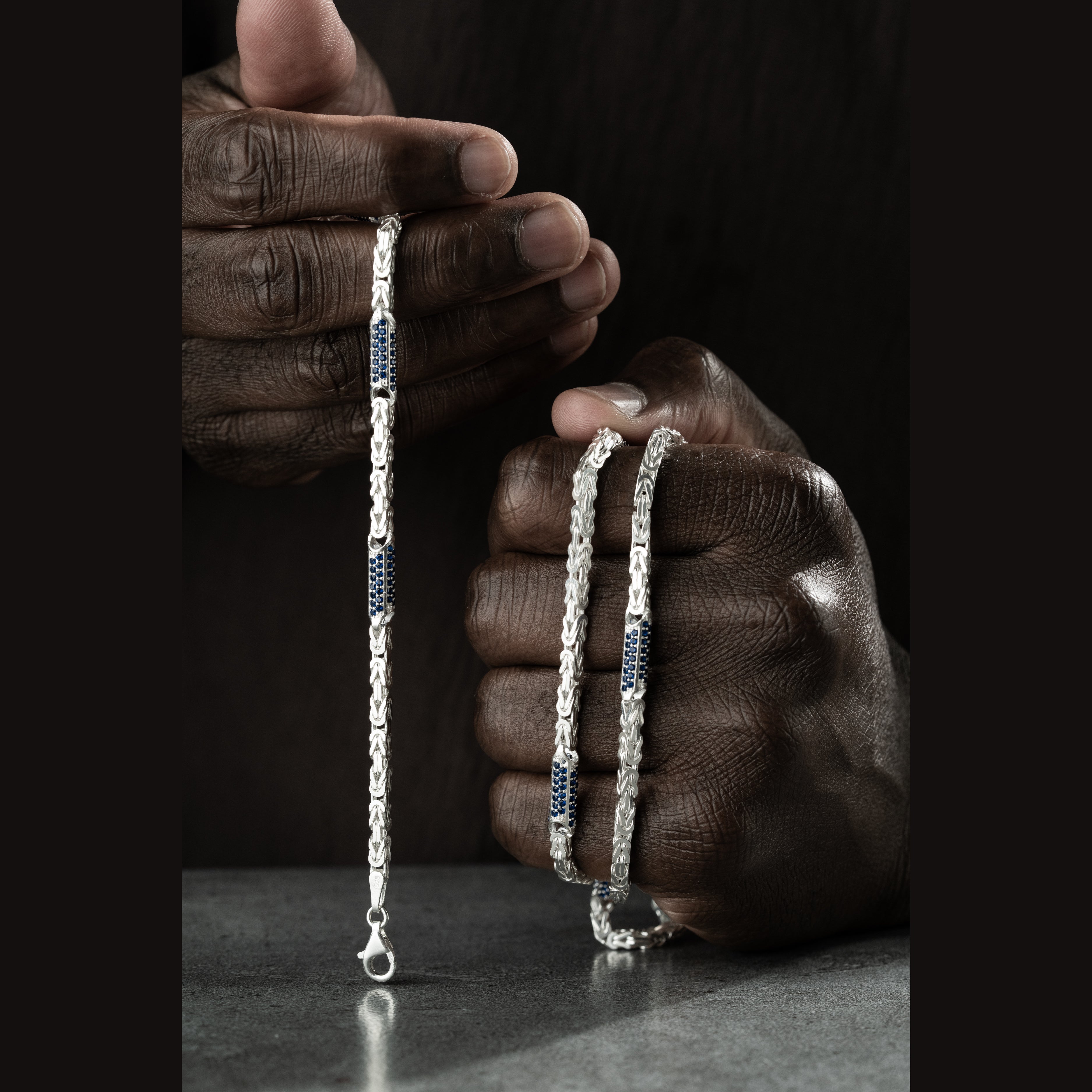 4 mm Mavi Zirkon Taşlı Kral Zincir Erkek Kolye-Bileklik Set | 925 Ayar Gümüş