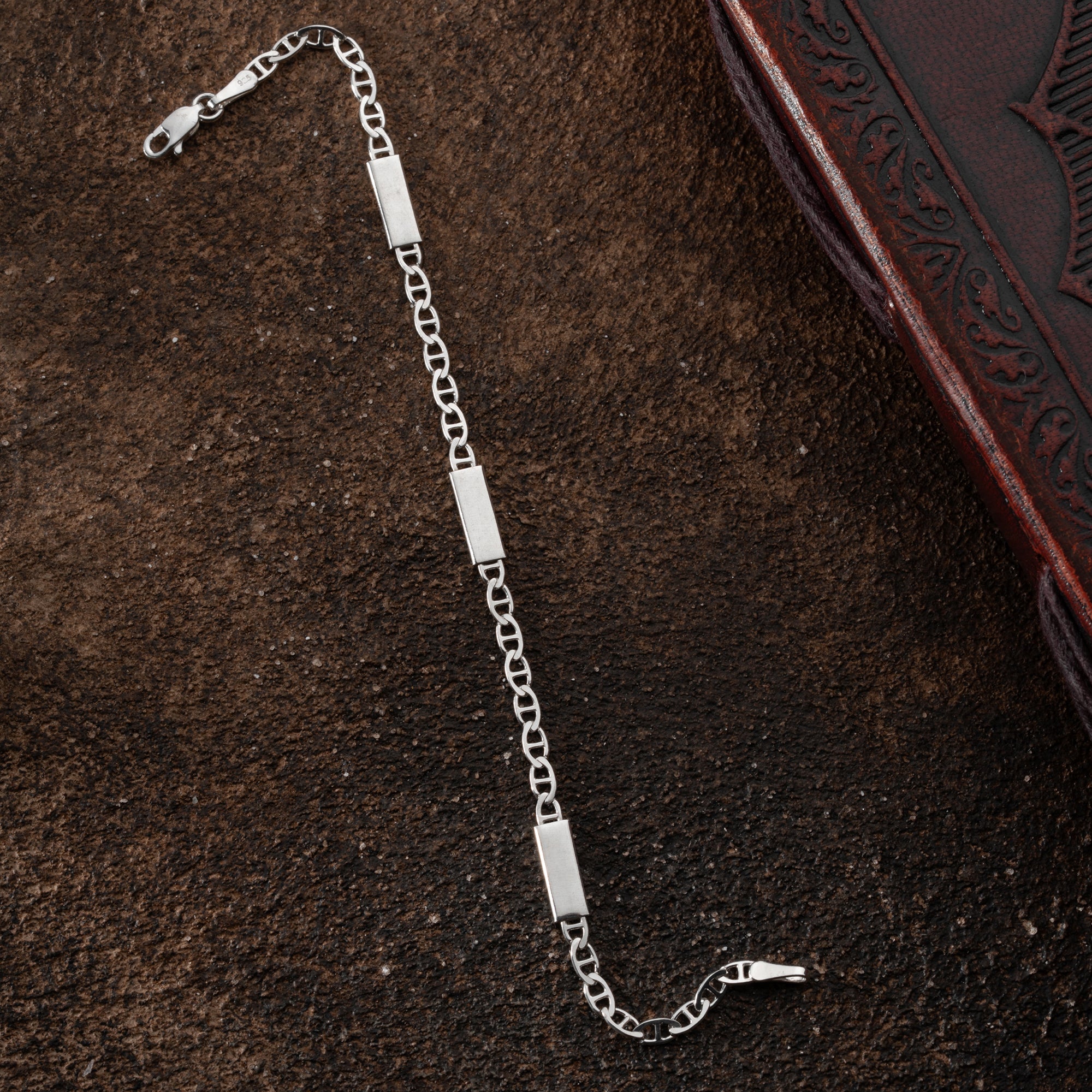 4.3 mm Plaka Detaylı Barlı Zincir Erkek Bileklik | 925 Ayar Gümüş