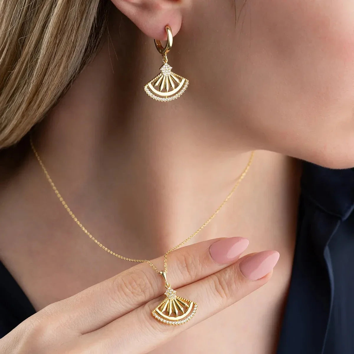 Zirkon Taşlı Yelpaze Kolye Küpe Set | 925 Ayar Gümüş